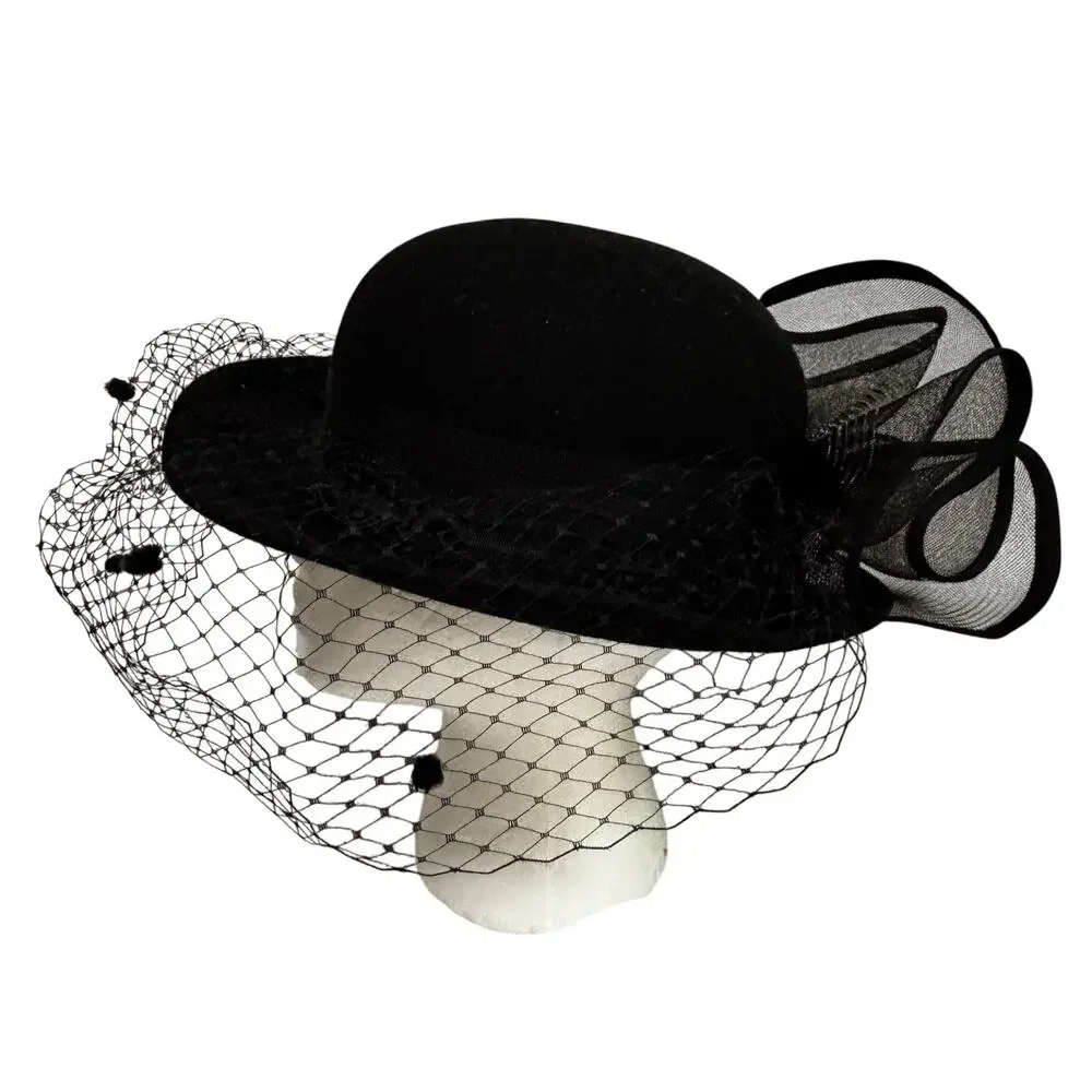 Dressy black felted wool hat large netting bowl & mesh fascinator made in USA
